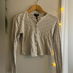 Cream and Brown Striped Button-Down cropped Shirt